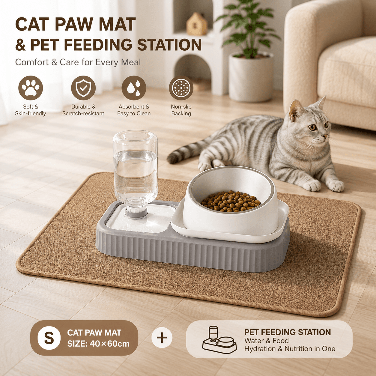 2-Piece Grey and White Cat Feeding Station with Water Dispenser & Slow