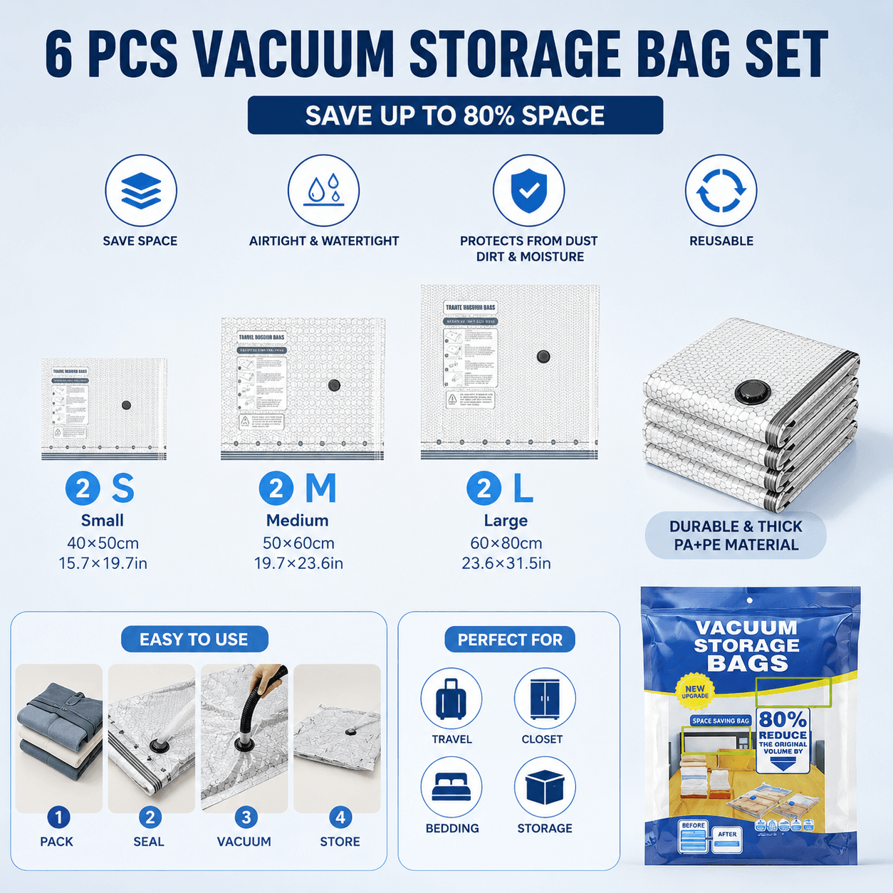 6-piece Travel Vacuum Storage Bags Set for Clothes and Bedding, Space Saving