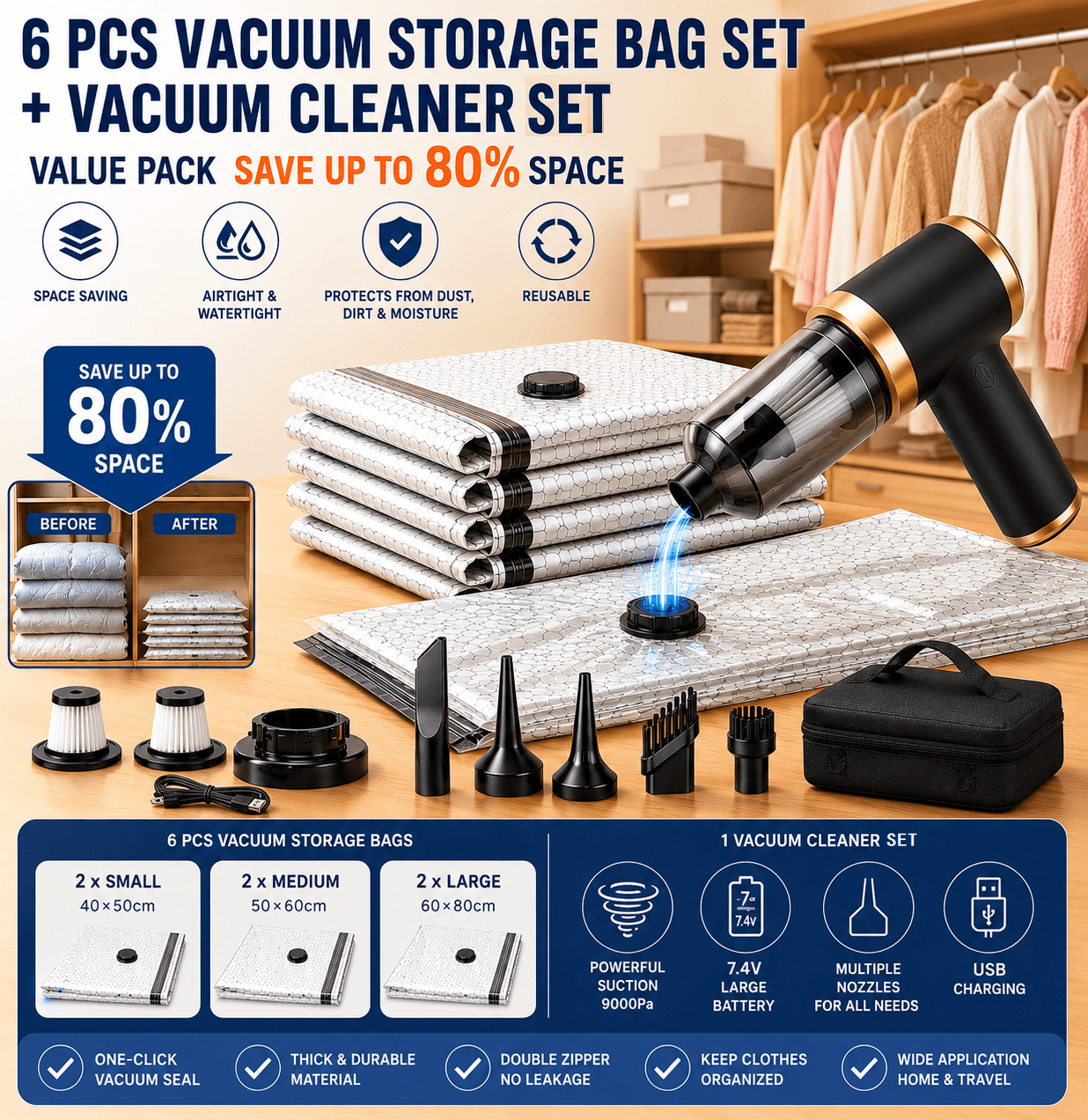 Portable Cordless Handheld Vacuum Cleaner & 6-piece Vacuum Storage Bag Set