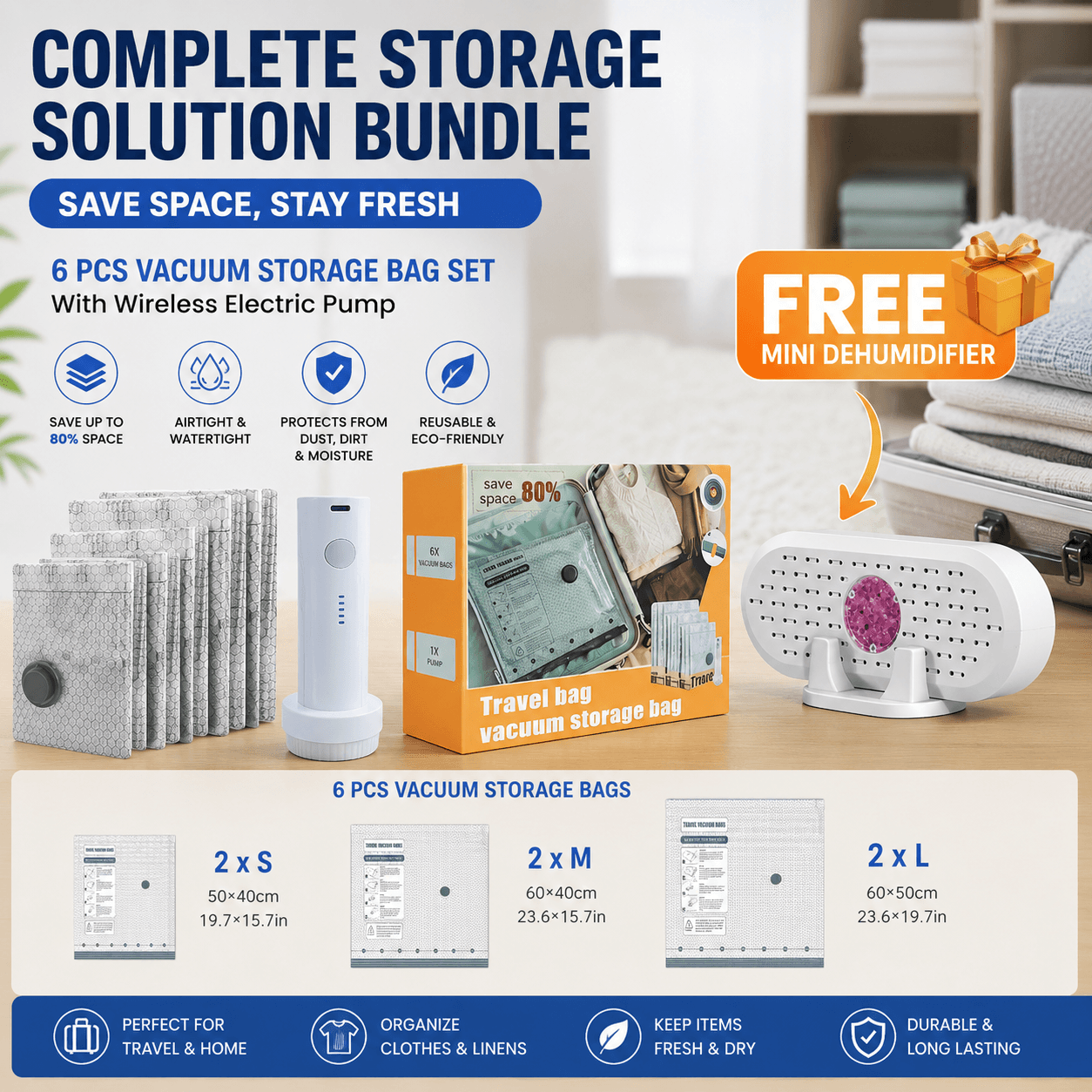 6 Pack Vacuum Storage Bags and Wireless Electric Pump and Renewable Mini