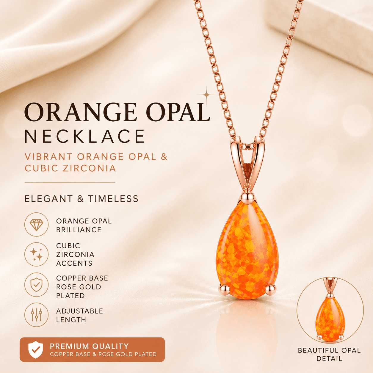 Orange Opal Teardrop Rose gold-plated chain Pendant Necklace for Women