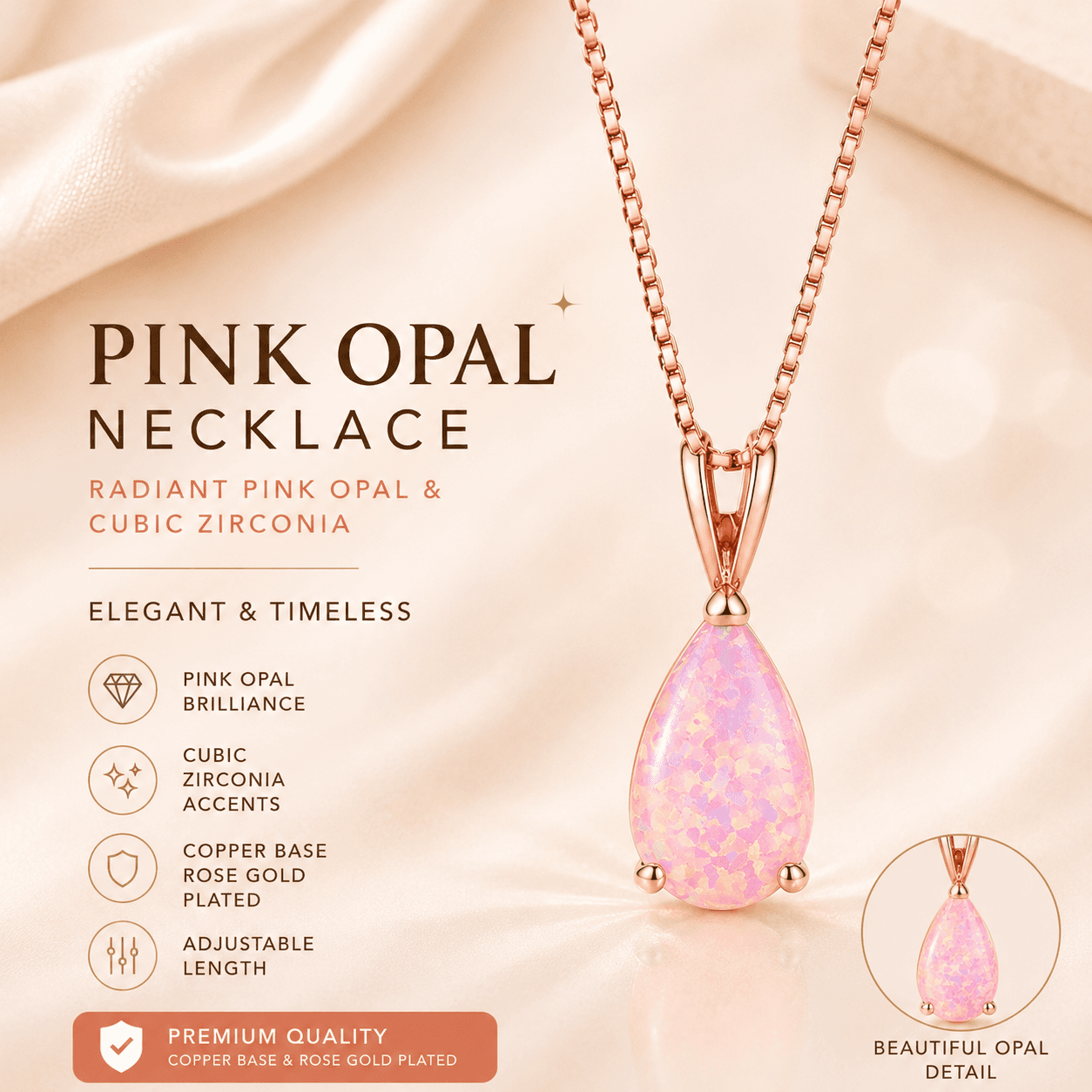 Pink Opal Teardrop Rose gold-plated chain Pendant Necklace for Women