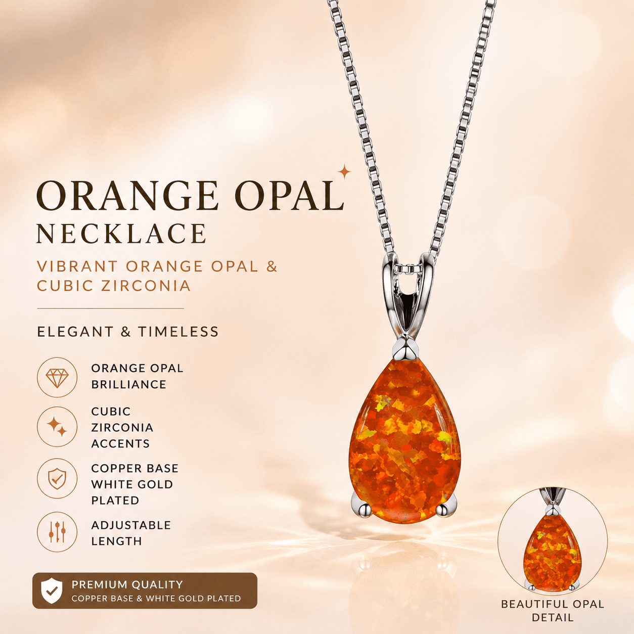 Orange Opal Teardrop Platinum-plated chain Pendant Necklace for Women