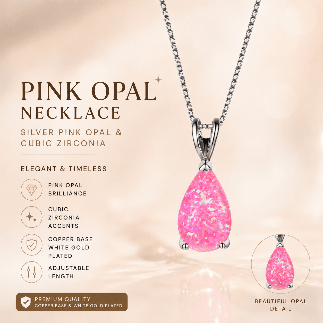 Pink Opal Teardrop Platinum-plated chain Pendant Necklace for Women