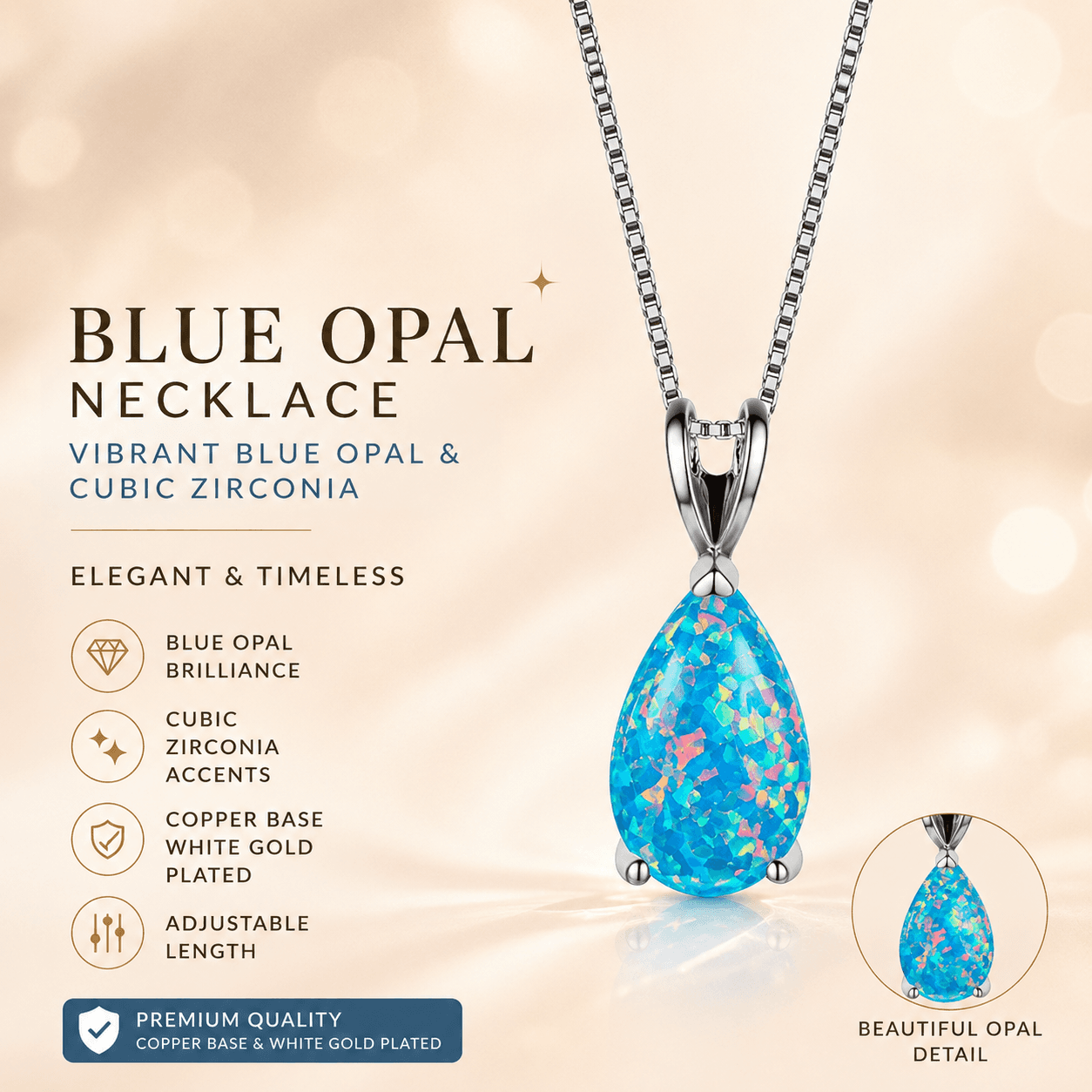 Blue Opal Teardrop Platinum-plated chain Pendant Necklace for Women