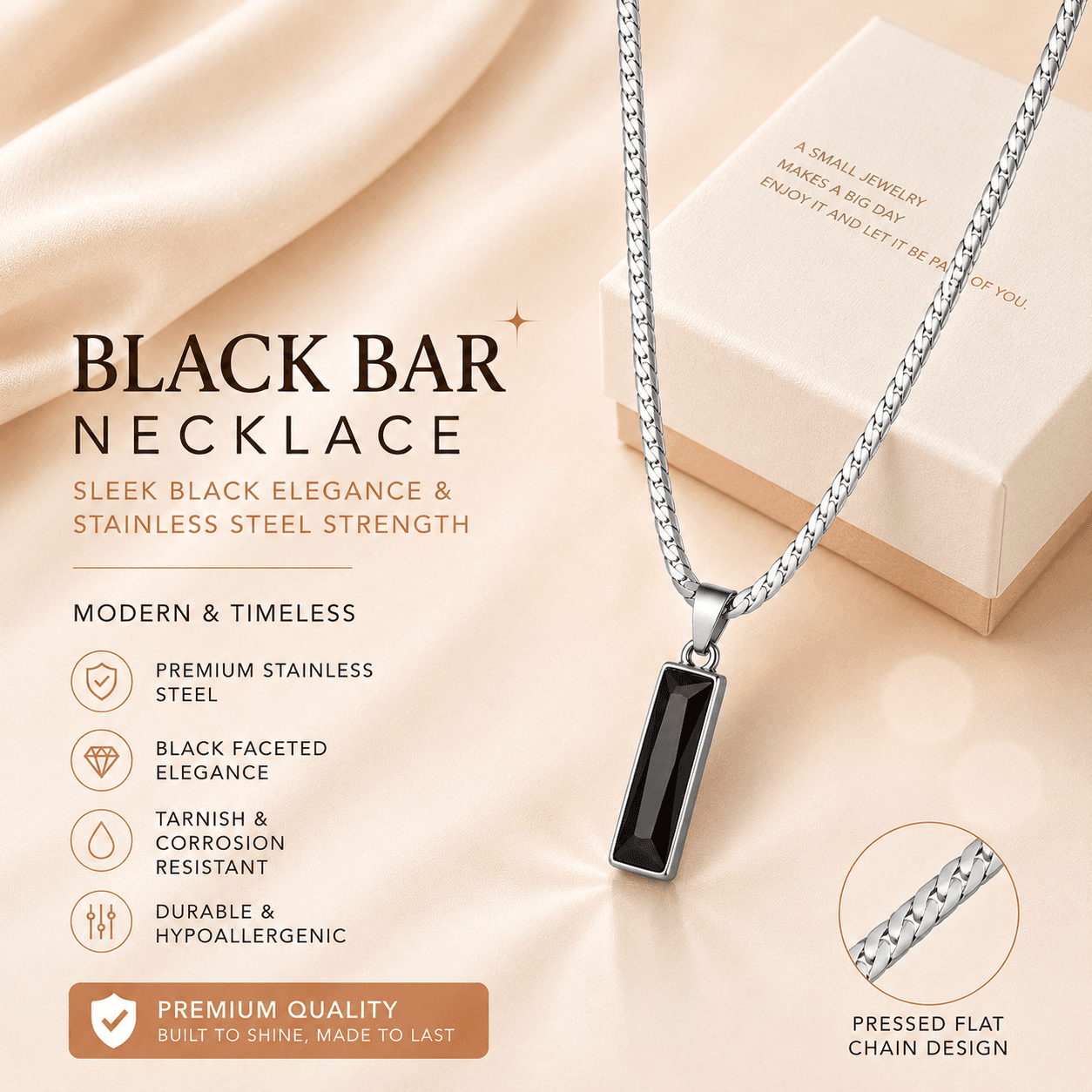 Black Zircon Bar Pendant Necklace 50 cm+5 cm for Men, Stainless Steel Cuban