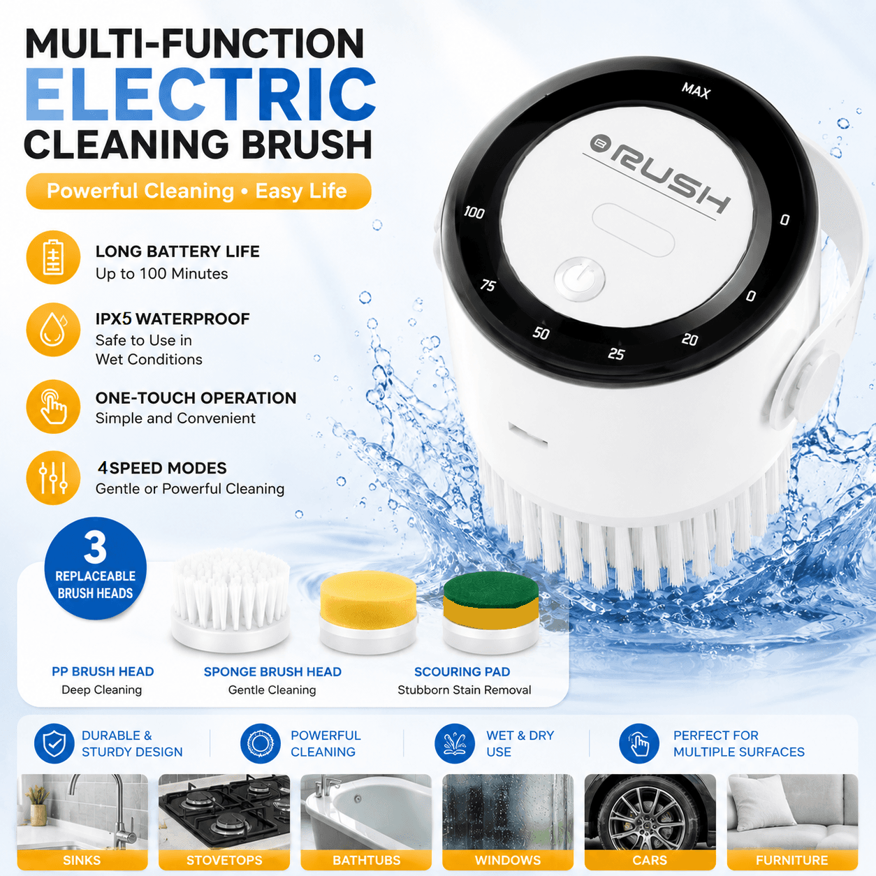 4-piece White Electric Spin Scrubber Cordless Cleaning Brush（Includes three