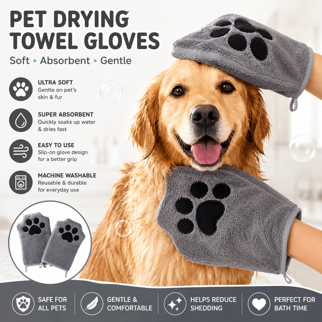 2-piece Grey Quick-drying pet grooming glove towel; made of soft, highly
