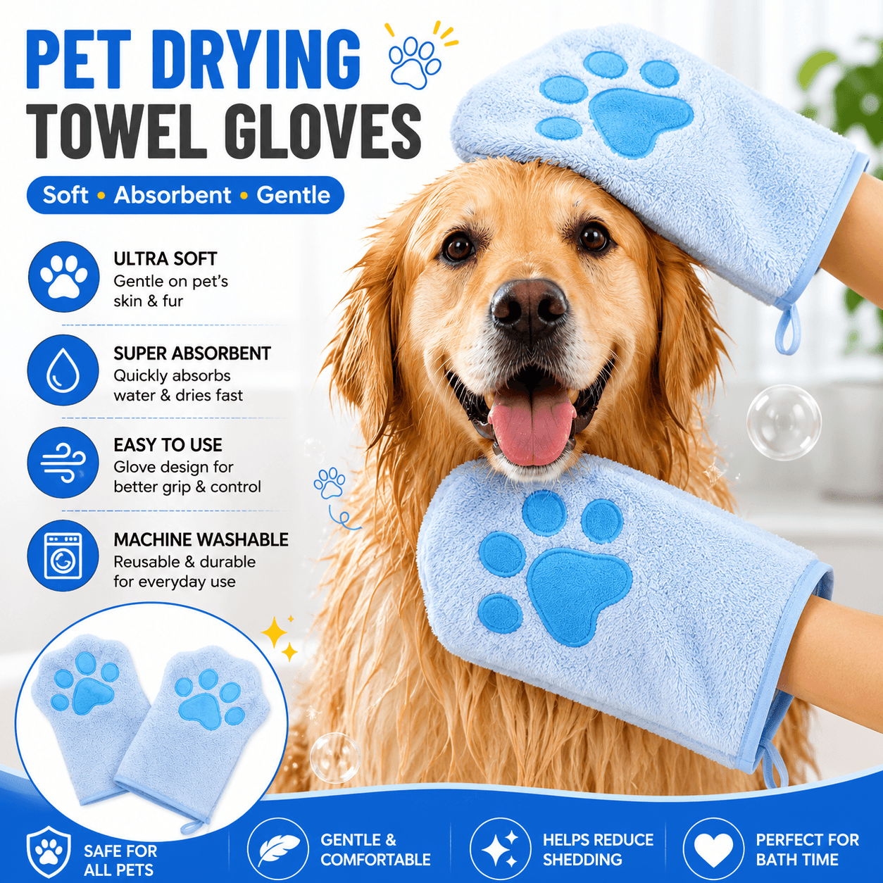 2-piece Blue Quick-drying pet grooming glove towel; made of soft, highly