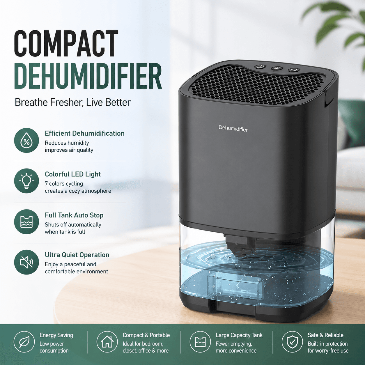 Black Mini Quiet Dehumidifier for Bedroom - 1000 ml Water Tank Portable Home