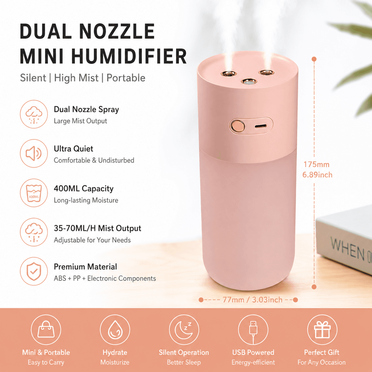 Pink Dual Spray USB Humidifier with Warm LED Night Light - 400 ml Mini