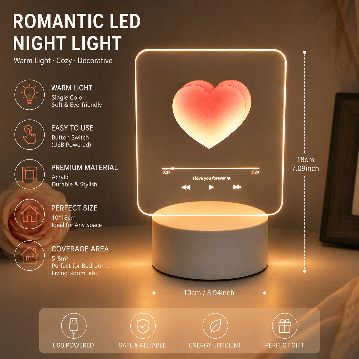 Pink Heart Design Creative Acrylic LED Night Light - Warm White Ambient