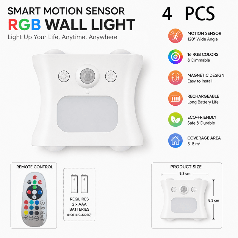 4-Piece White Motion Sensor Wall Light, Rechargeable Magnetic LED Ambient