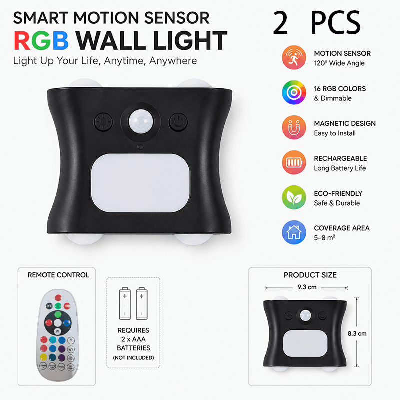 2-Piece Black Motion Sensor Wall Light, Rechargeable Magnetic LED Ambient