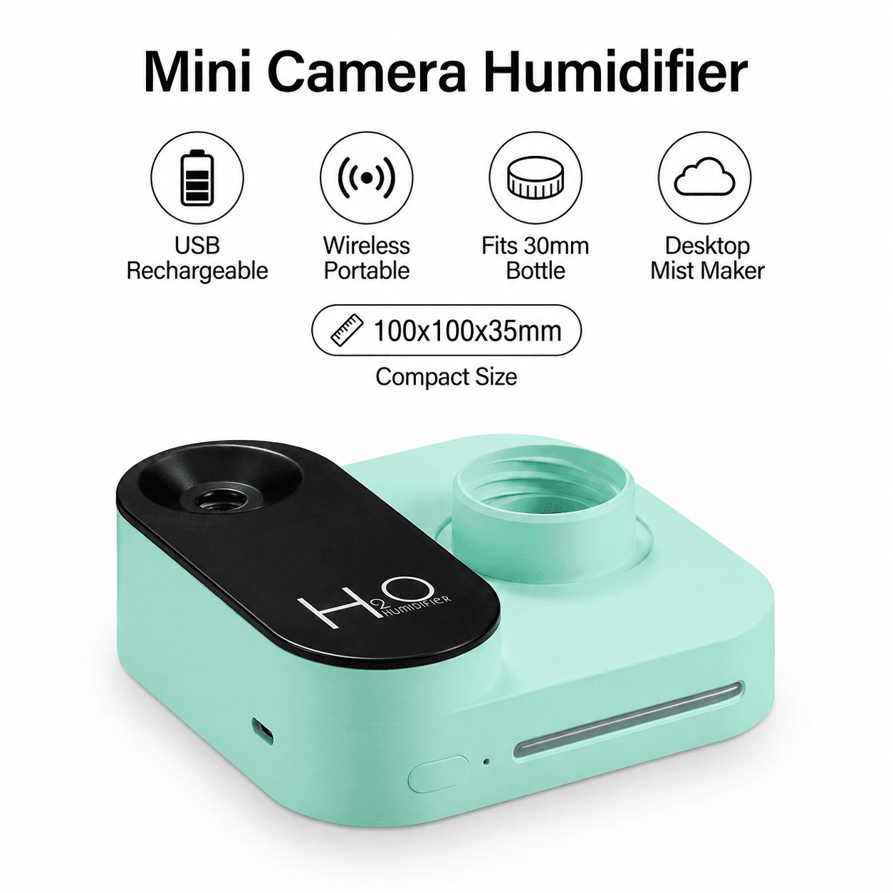 Green Mini Camera Humidifier, USB Rechargeable Portable Water Bottle