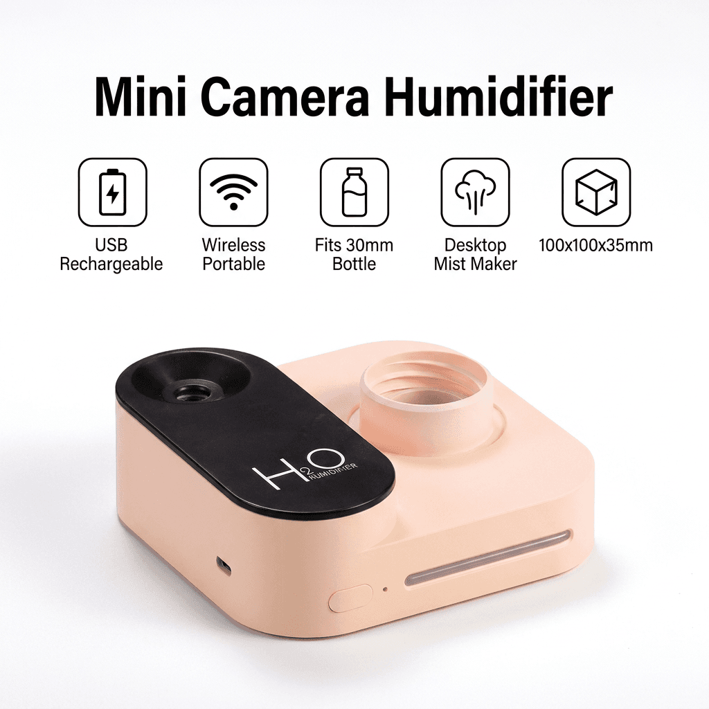 Pink Mini Camera Humidifier, USB Rechargeable Portable Water Bottle