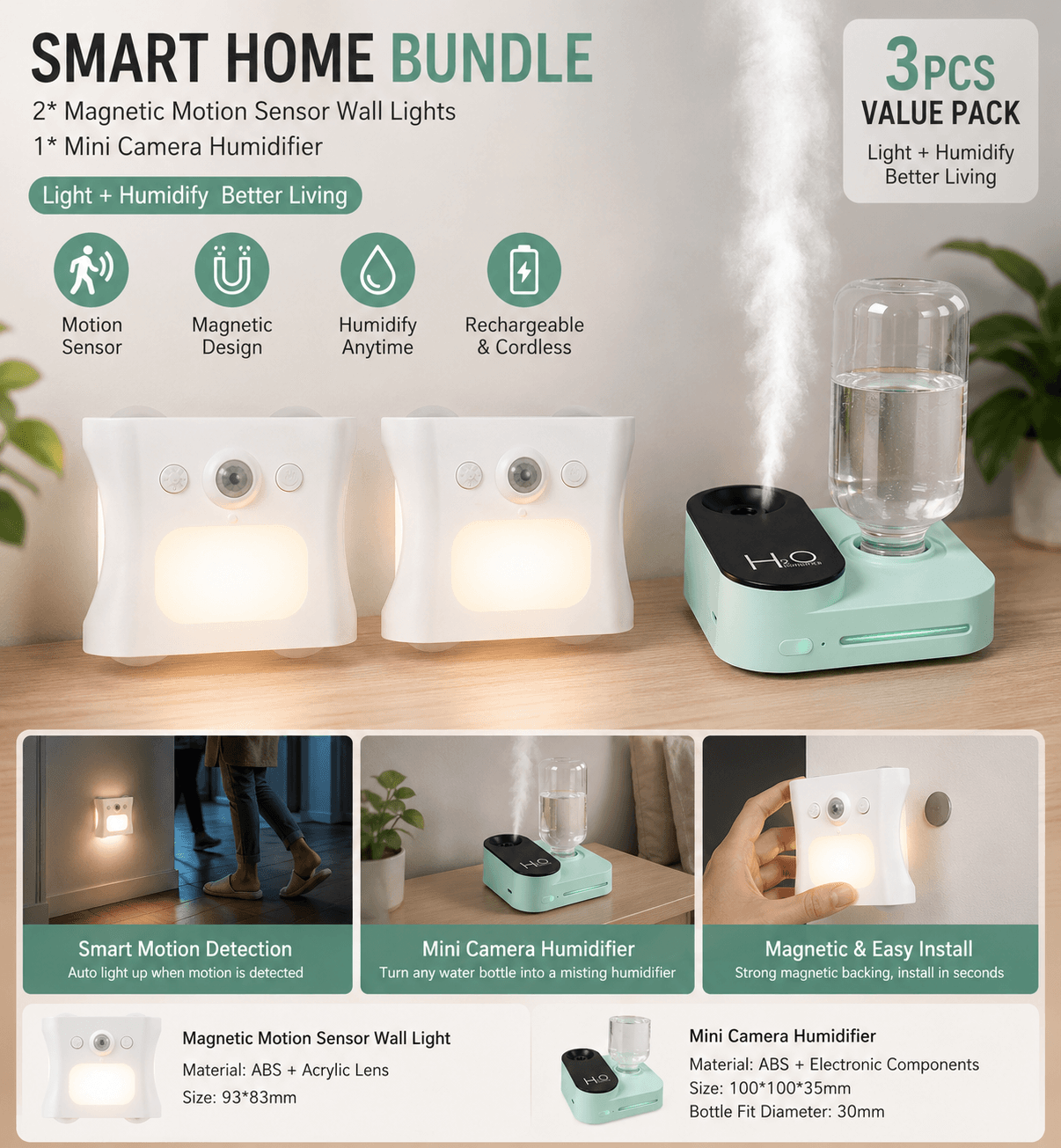 3-Piece Smart Home Atmosphere Set - Green USB Rechargeable - Green White