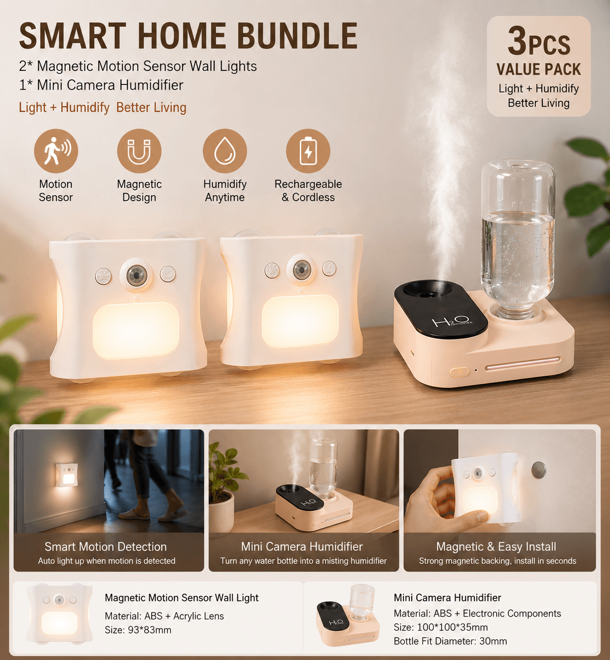 3-Piece Smart Home Atmosphere Set - Pink USB Rechargeable - Pink White