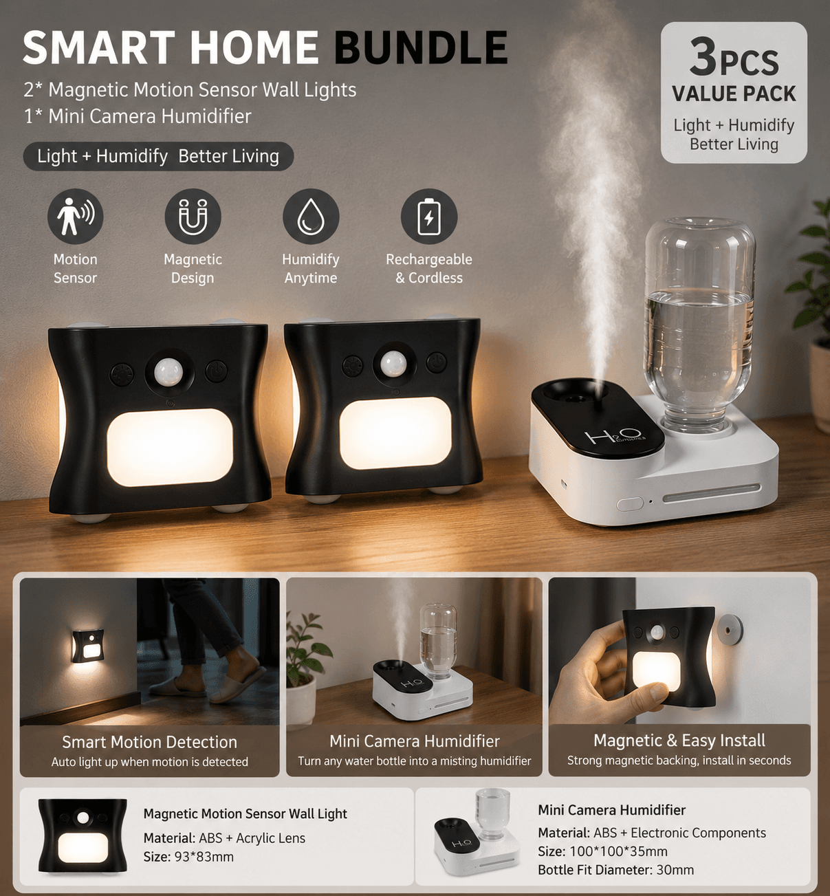 3-Piece Smart Home Atmosphere Set - White USB Rechargeable - White Black