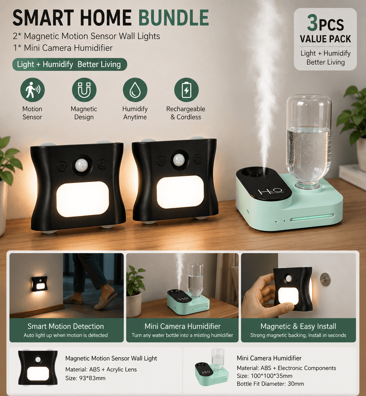 3-Piece Smart Home Atmosphere Set - Green USB Rechargeable - Green Black