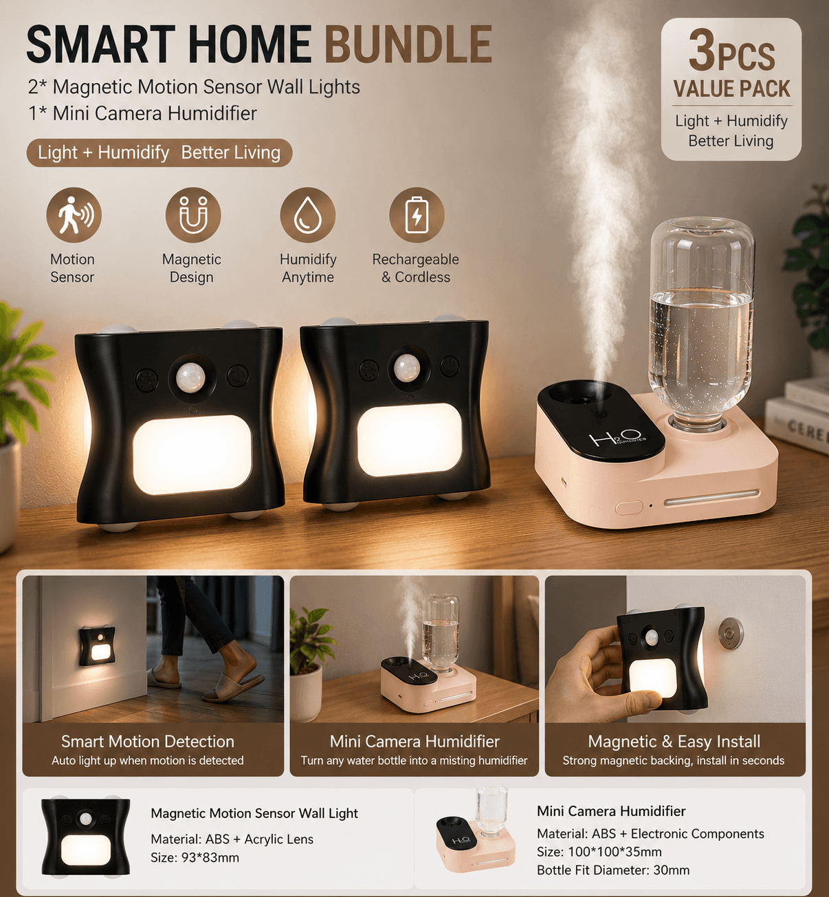 3-Piece Smart Home Atmosphere Set - Pink USB Rechargeable - Pink Black