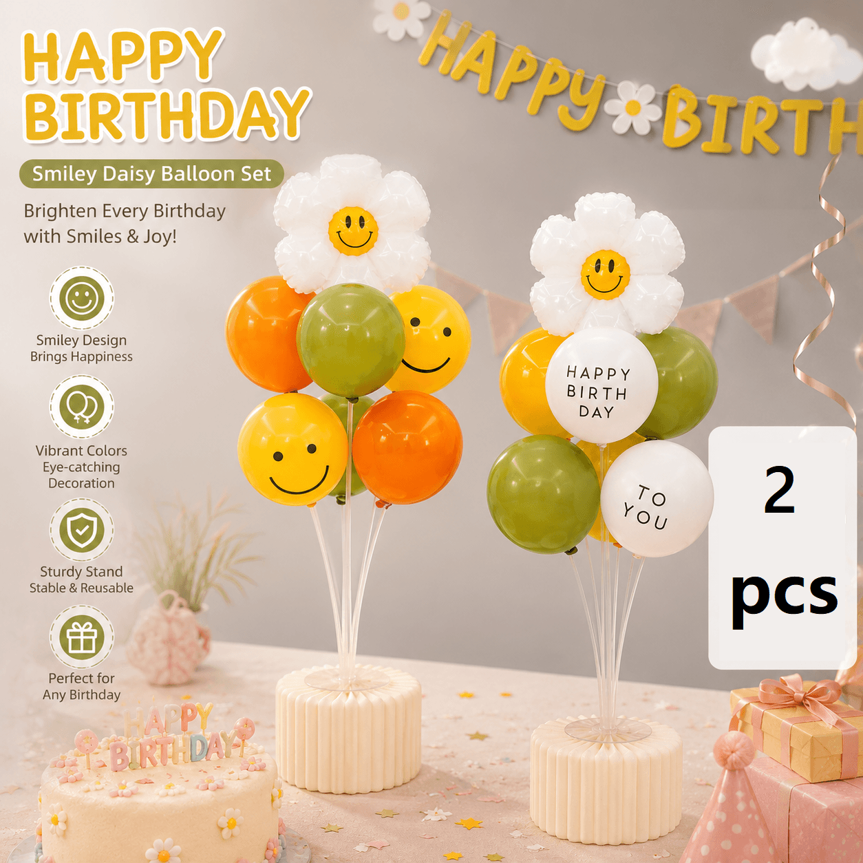 2 Pack Daisy Birthday Balloon Table Centerpiece Set（"Happy - Pale Orange
