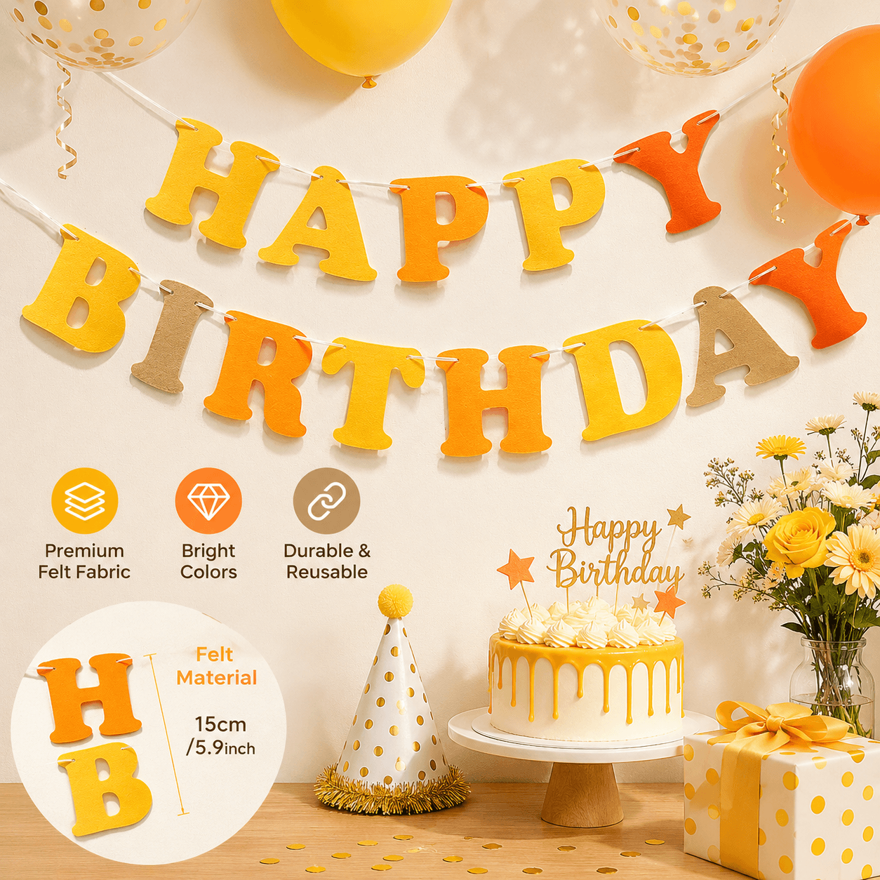 Orange and Yellow Happy Birthday Felt Banner Garland, Reusable Birthday