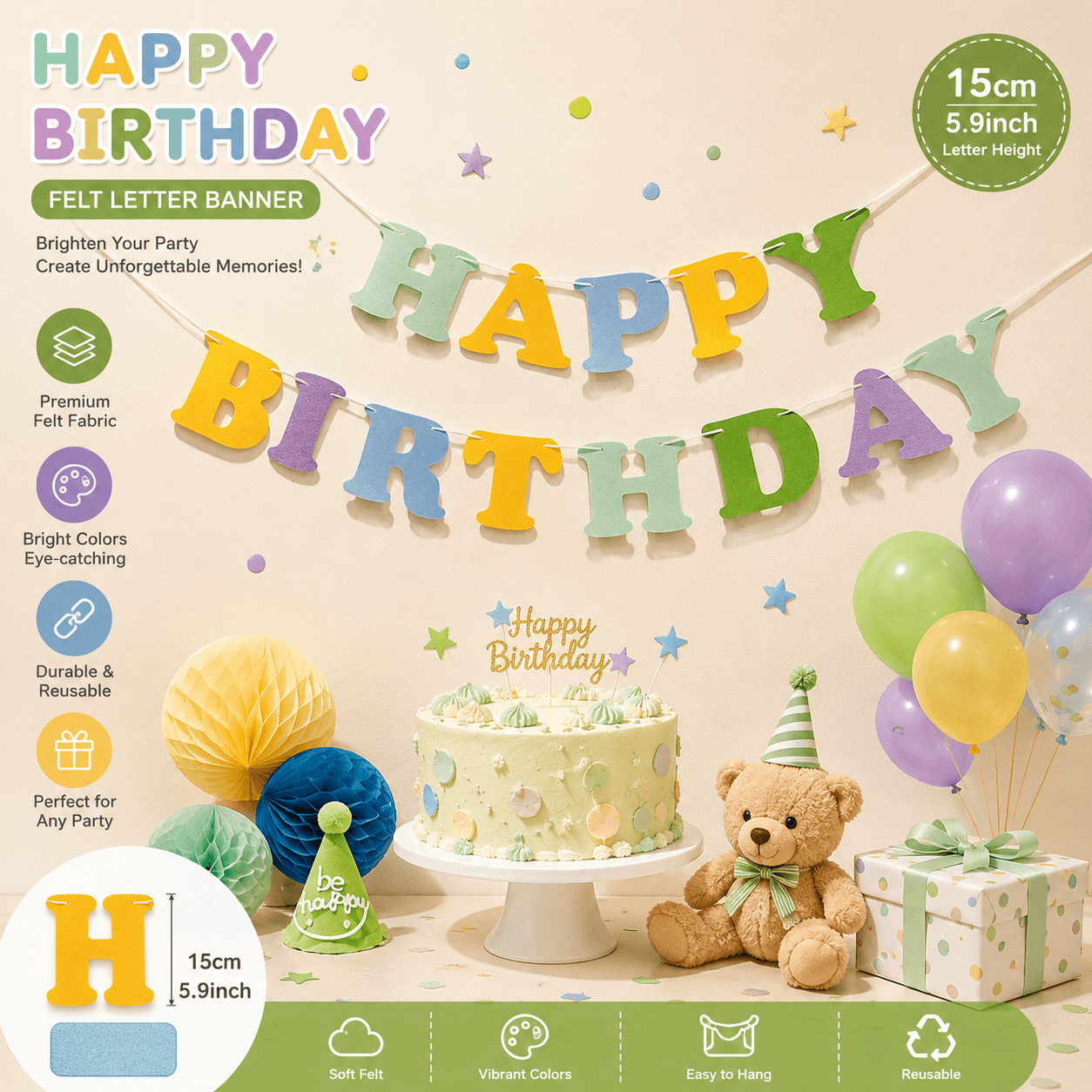 Blue and Green Happy Birthday Felt Banner Garland, Reusable Birthday Party