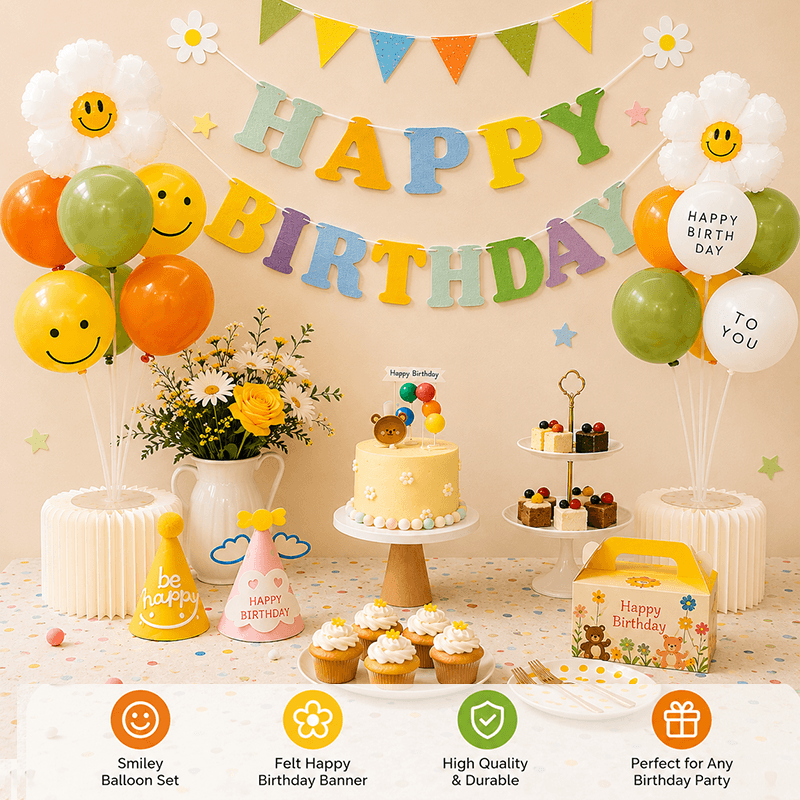 3-pcs Birthday Party Decoration Set with 2-pack Smiley Daisy Balloon - Green
