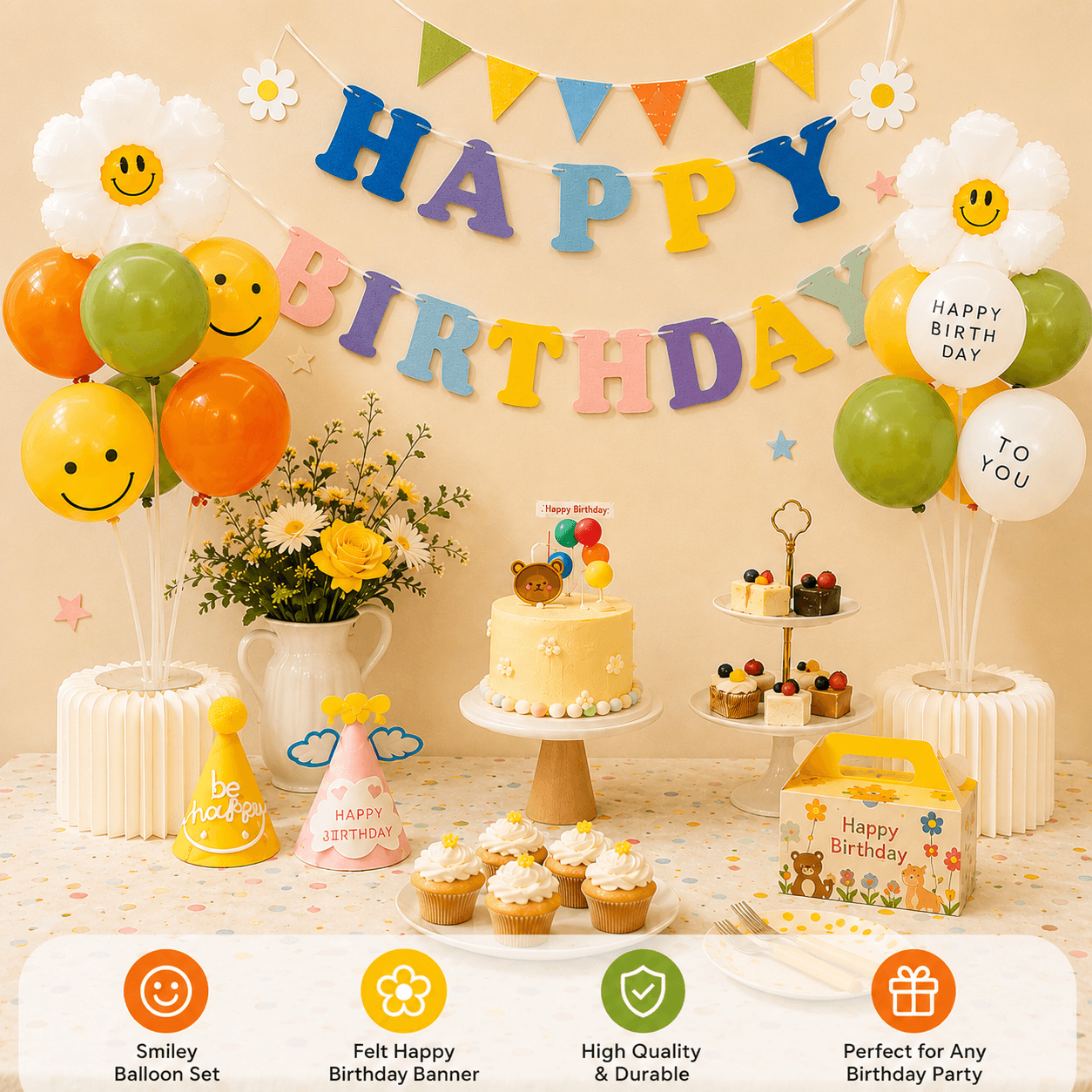 3-pcs Birthday Party Decoration Set with 2-pack Smiley Daisy Balloon - Pink