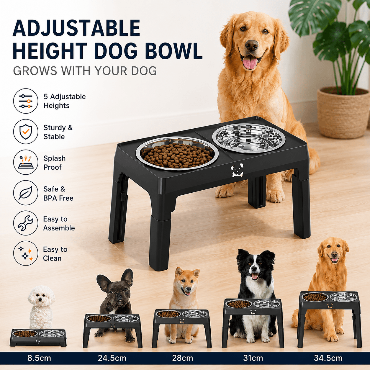 Black Adjustable Elevated Dog Bowl Stand with Stainless Steel Double Bowls