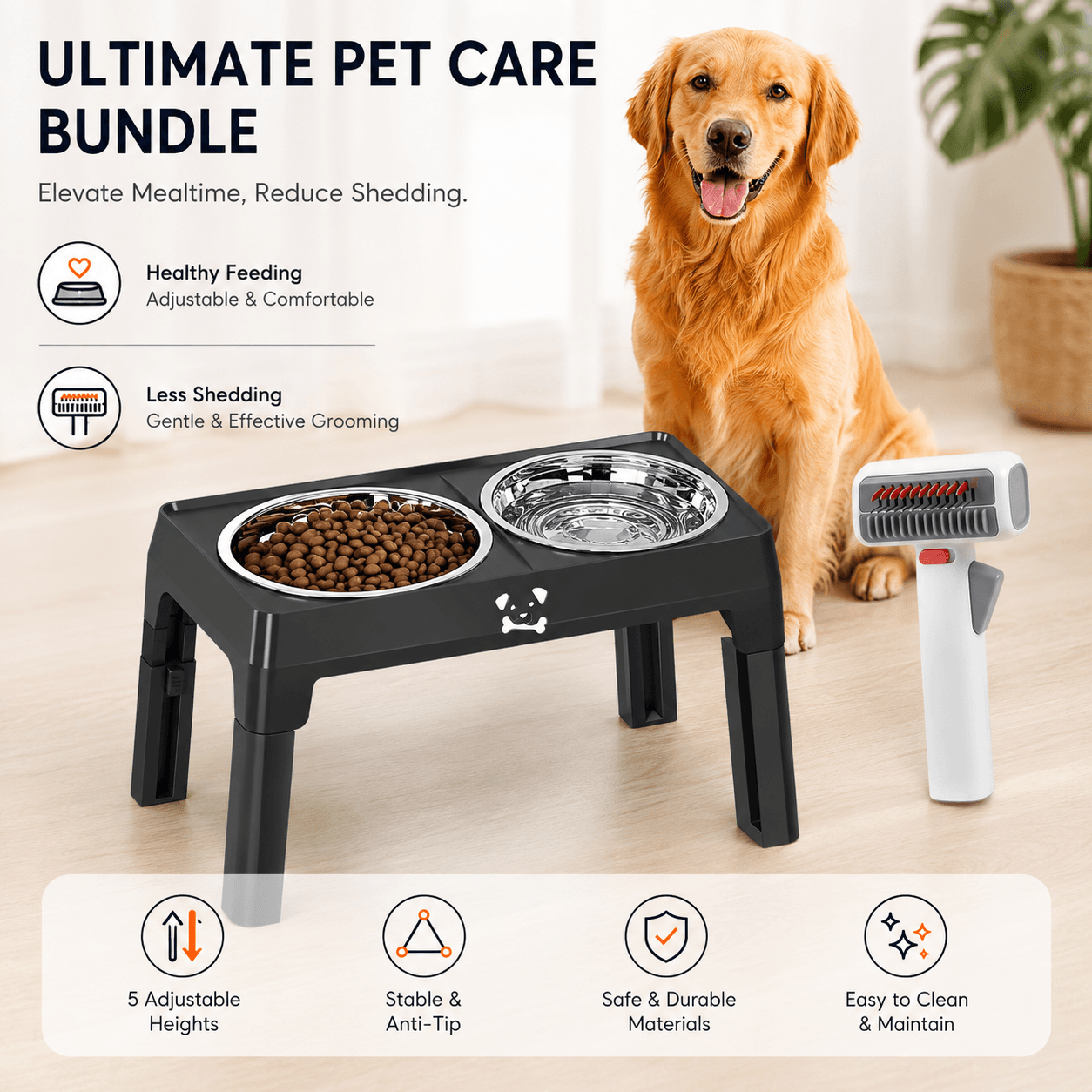 Pet Care Bundle Set - Black Adjustable Elevated Double Dog Bowl & White