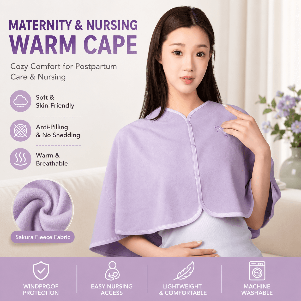 Purple Maternity Nursing Shoulder Wrap Cape - Ultra Soft Sakura Fleece