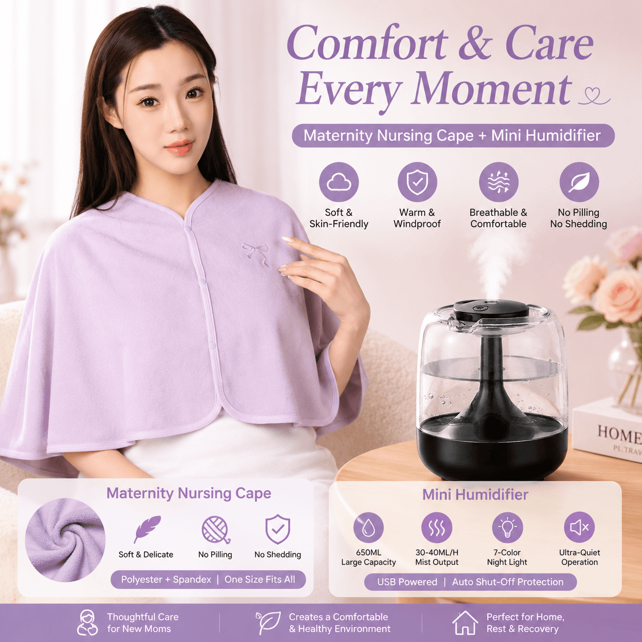 2-Piece Relaxing Winter Set - Purple Nursing Cape and Black - Purple Black