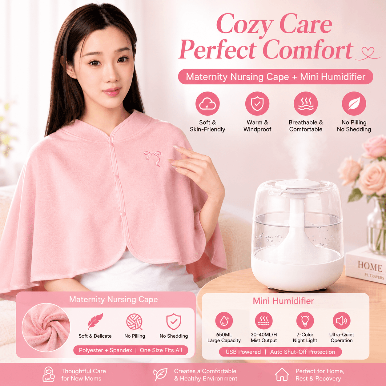 2-Piece Relaxing Winter Set - Pink Nursing Cape - Pink White Postpartum