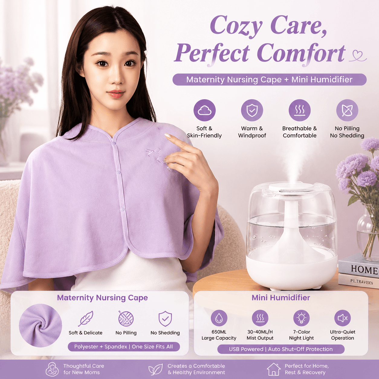 2-Piece Relaxing Winter Set - Purple Nursing Cape and White - Purple White