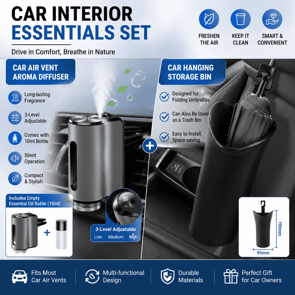 2-Piece Car interior essentials set-Grey Car Air Vent Aroma Diffuser &Black