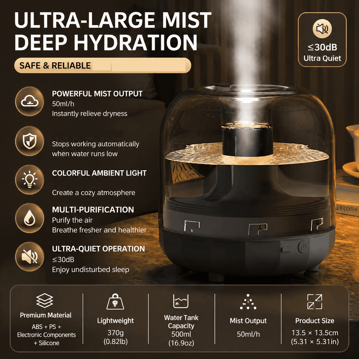 Black 500 ml Smart Ultrasonic Humidifier & Aroma Diffuser - USB Silent Air