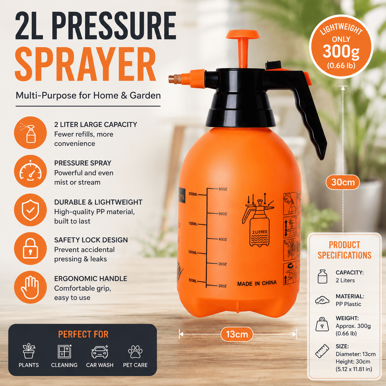 2L Orange Pressure Sprayer - PP Plastic Garden Watering Can with Adjustable