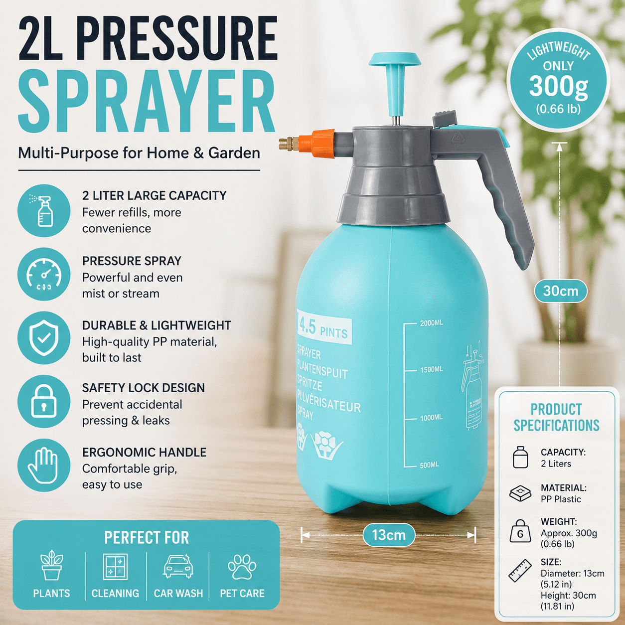 2L Blue Pressure Sprayer - PP Plastic Garden Watering Can with Adjustable