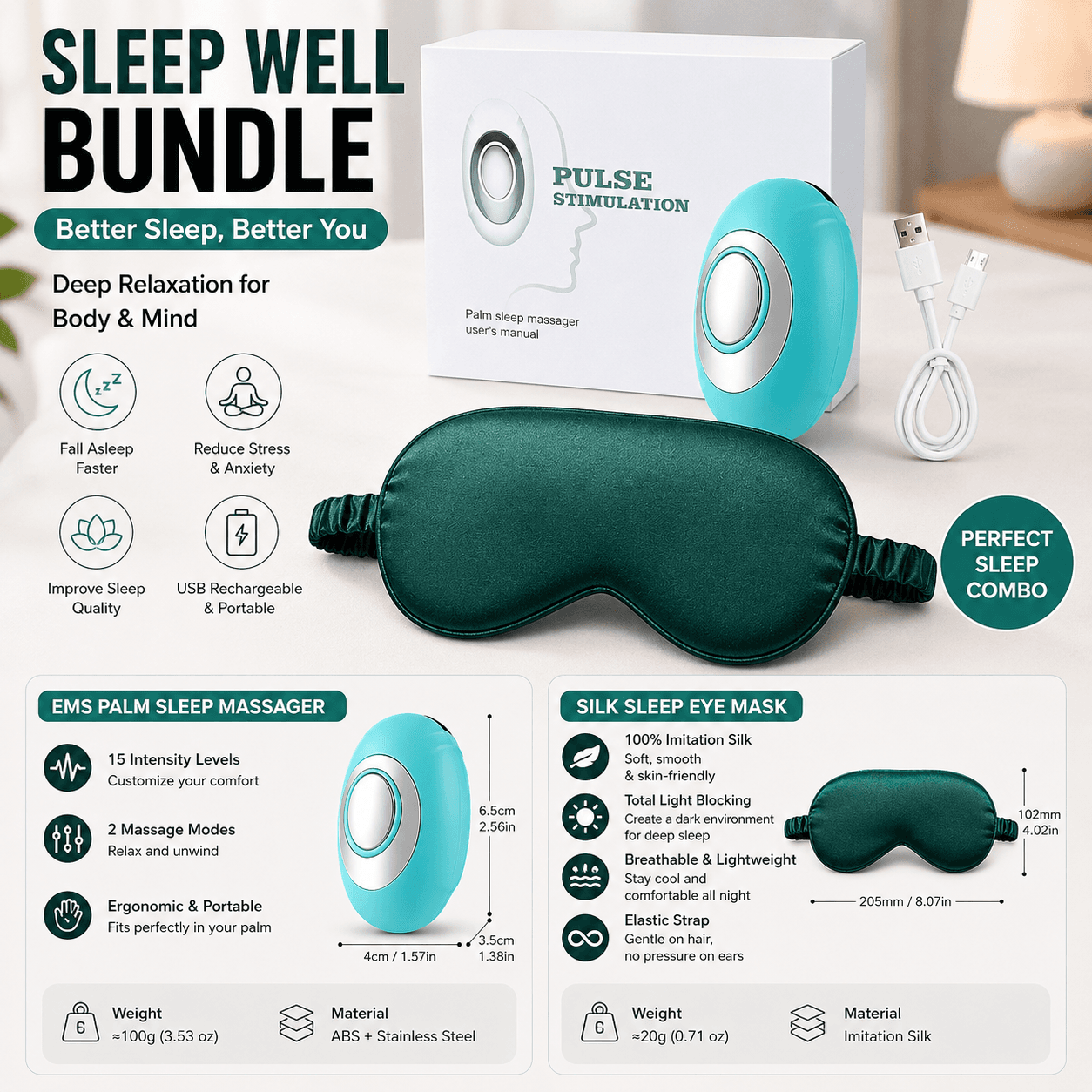 Winter Sleep Aid Bundle - Green Handheld EMS Pulse - Green Imitation Silk