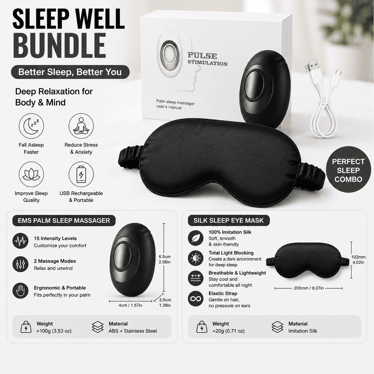 Winter Sleep Aid Bundle - Black Handheld EMS Pulse - Black Imitation Silk