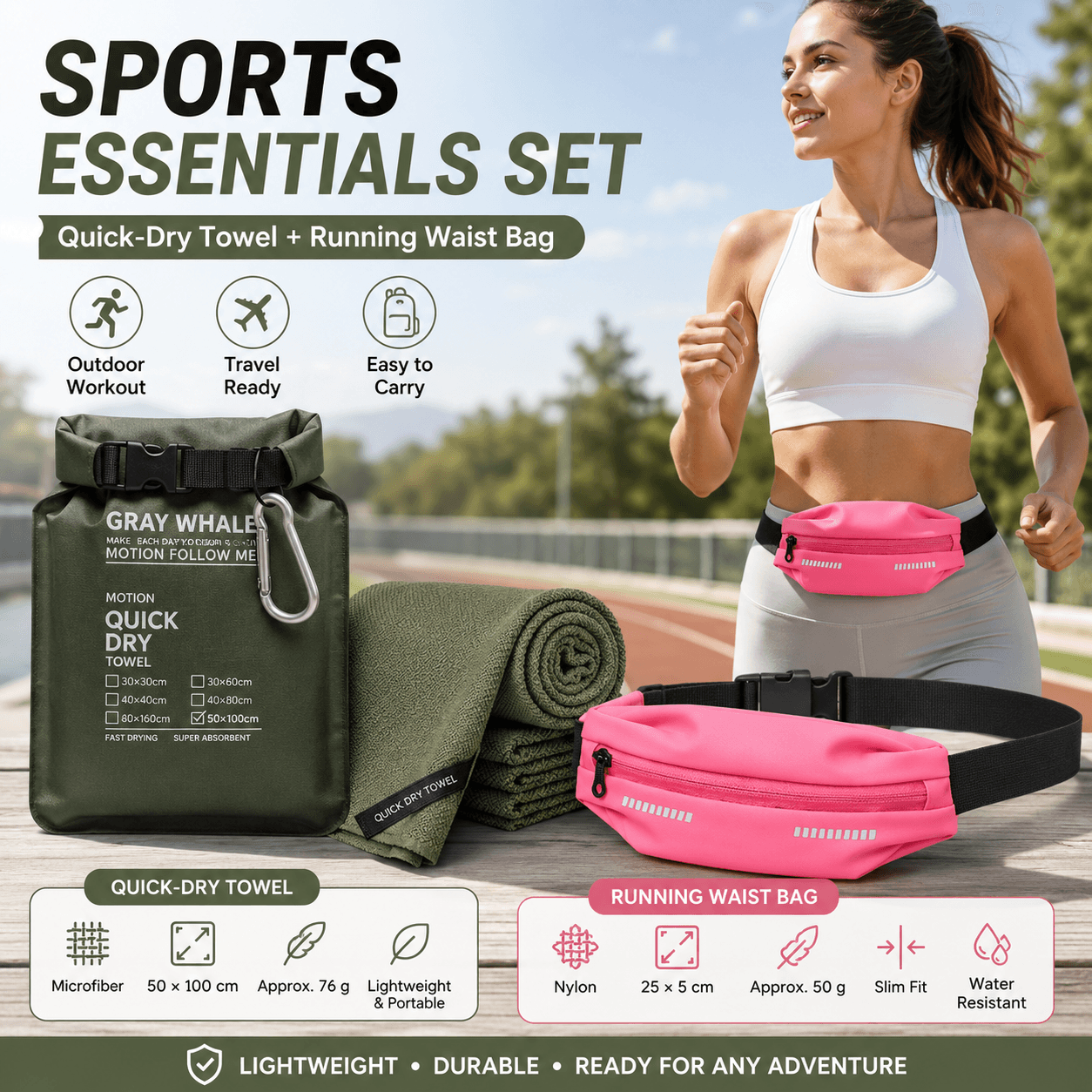 Outdoor Sports Combo Set - Green Microfiber Quick Dry Cooling Towel and Pink