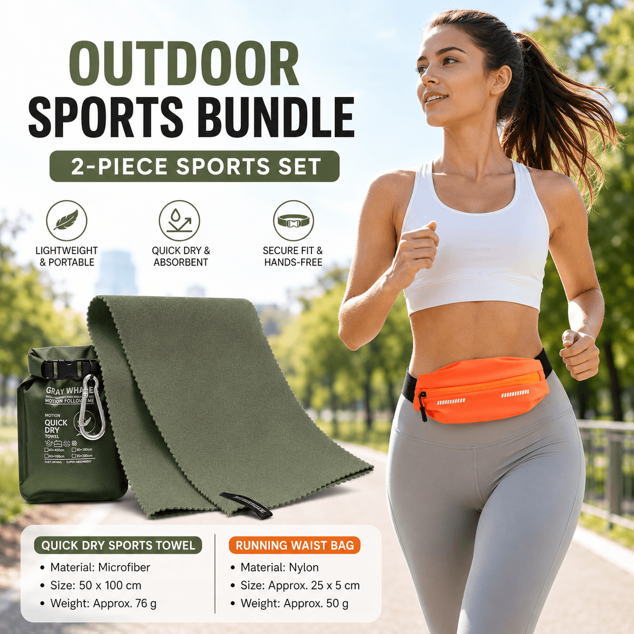 Outdoor Sports Combo Set - Green Microfiber Quick Dry Cooling Towel - Orange