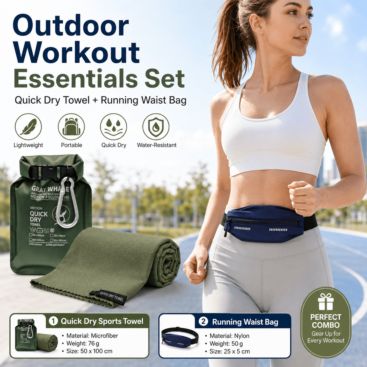 Outdoor Sports Combo Set - Green Microfiber Quick Dry Cooling Towel and Blue