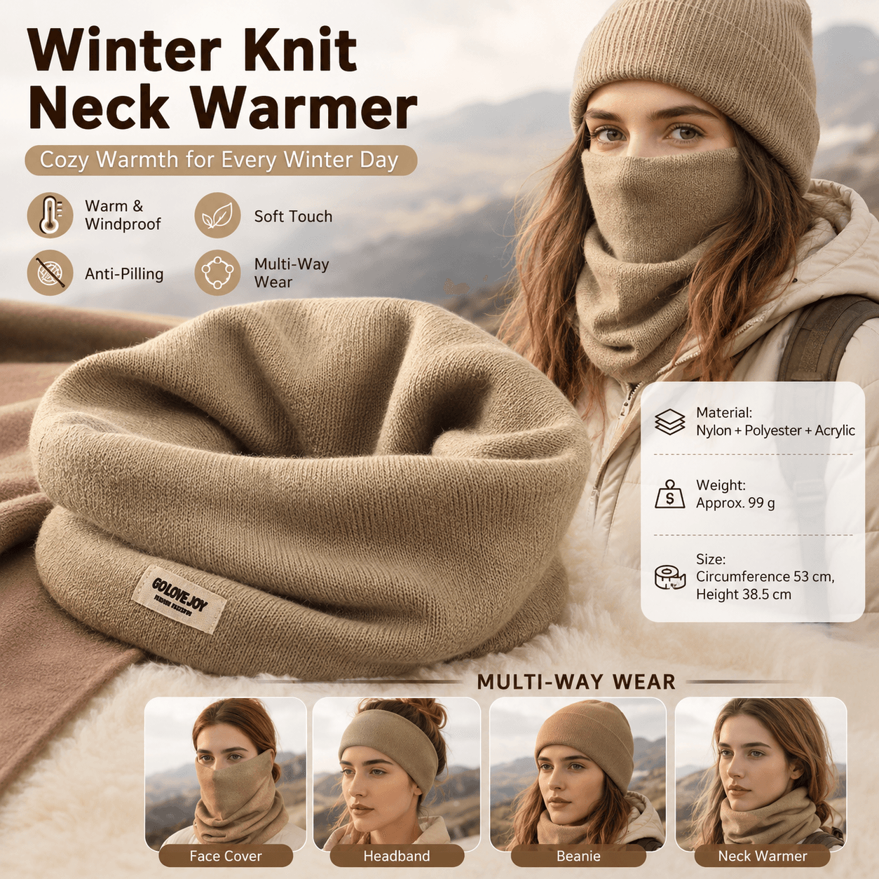 Khaki Women's Knitted Neck Warmer Snood - Ear Loop Face Cover, Warm