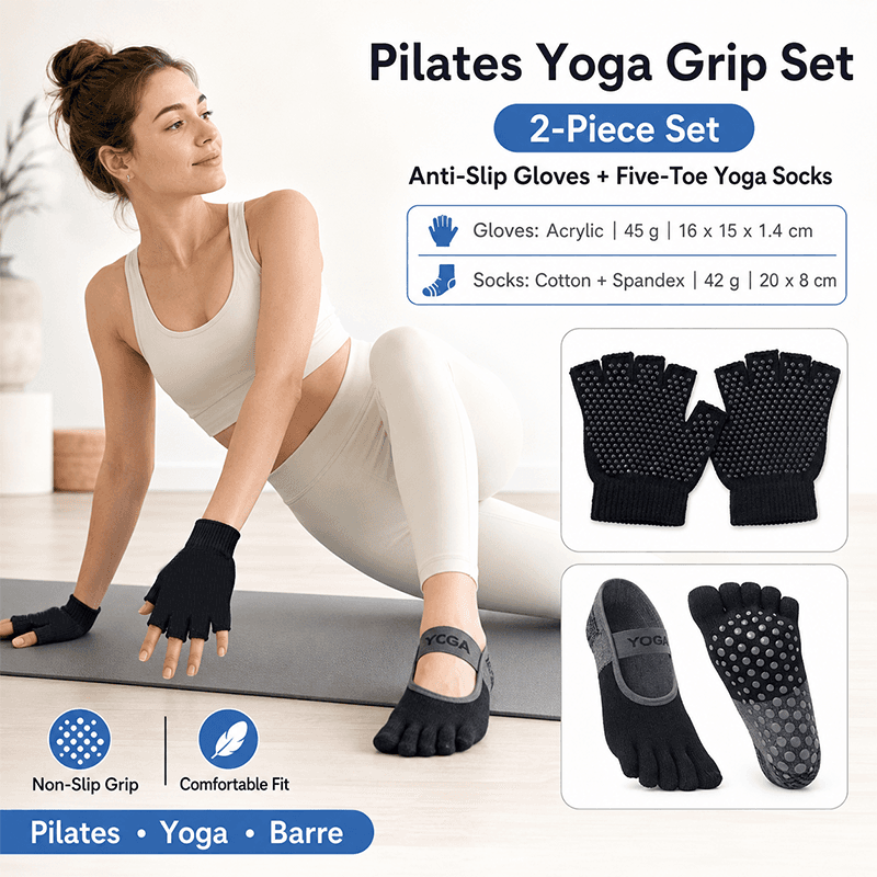 Black Yoga Gloves and Five Toe Socks Set - Acrylic Knit Half Finger Gloves
