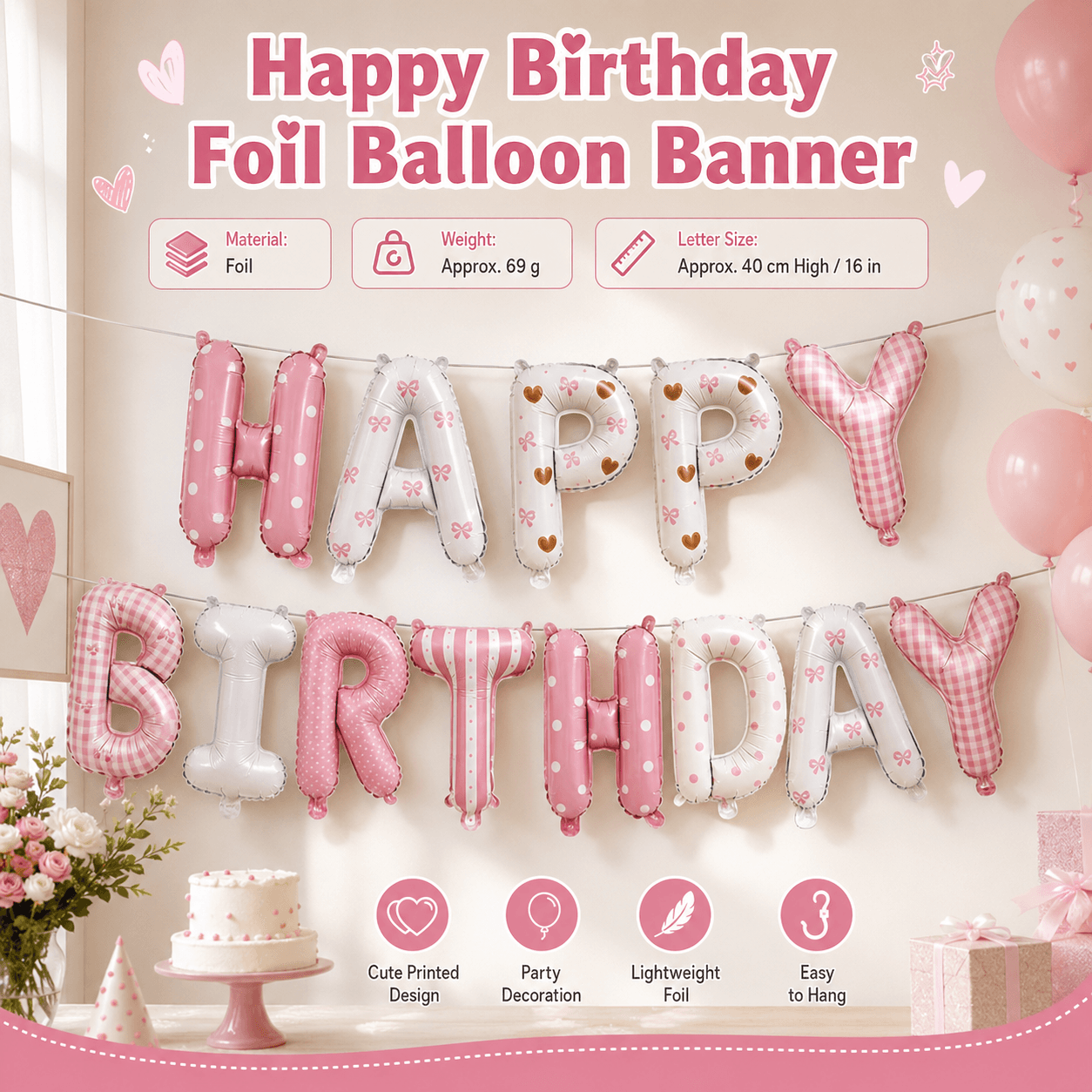 Pink Happy Birthday Foil Letter Balloon Banner - 16 Inch Letters