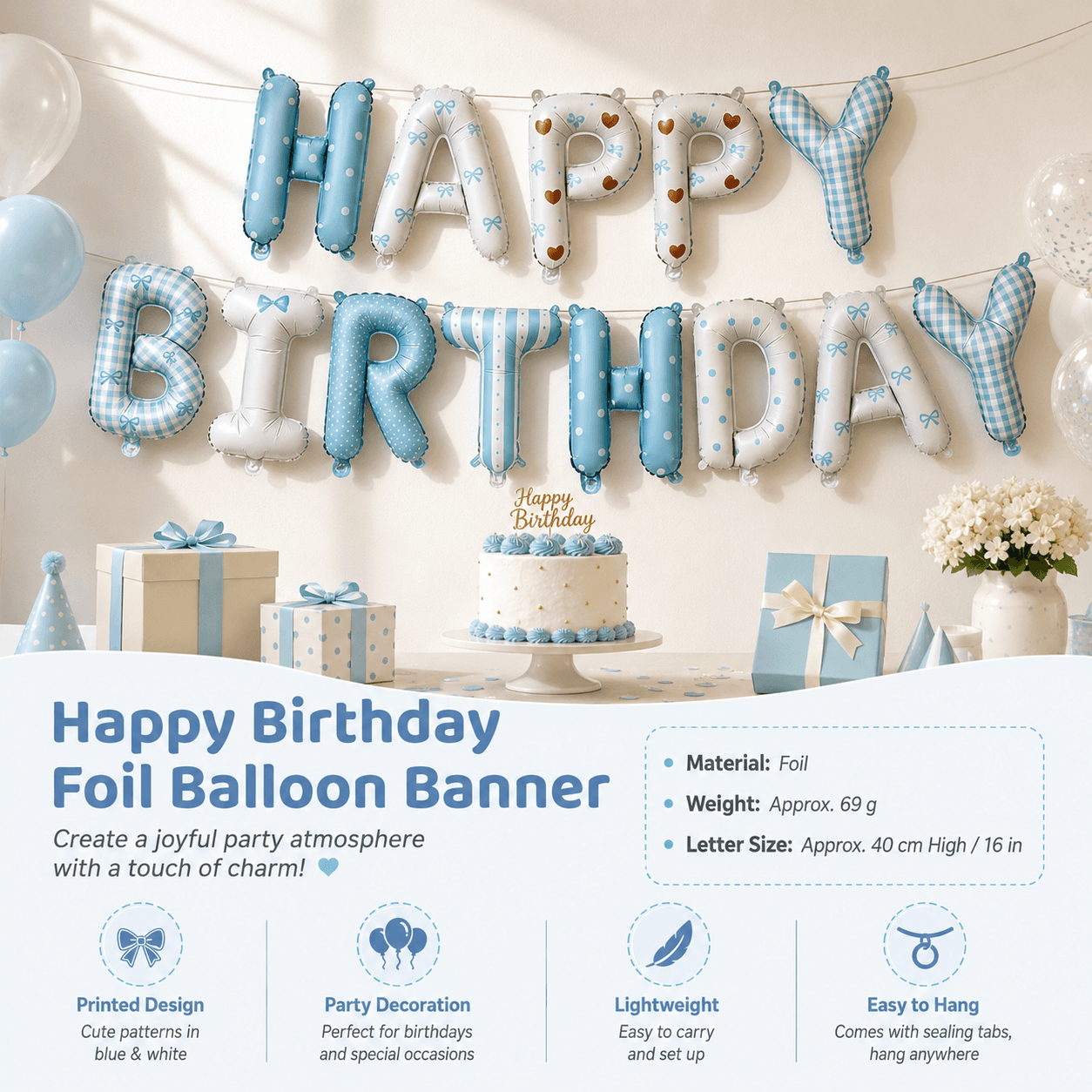 Blue Happy Birthday Foil Letter Balloon Banner - 16 Inch Letters