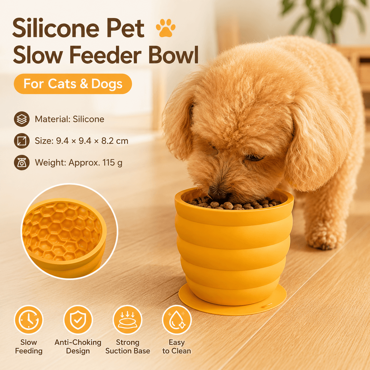 Silicone Slow Feeder Dog Bowl - Small Yellow 9.4 × 9.4 × 8.2 cm, Suction